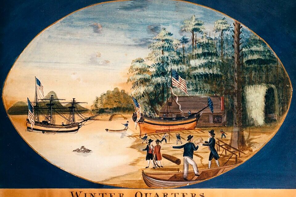 An oval shaped painting showing a ship in a cove with men in smaller ships along the shore with several small buildings.