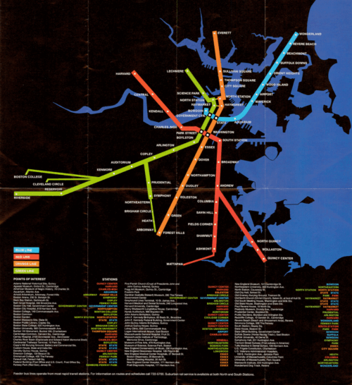 A subway map with red, blue, orange, and green lines crossing over a black map.