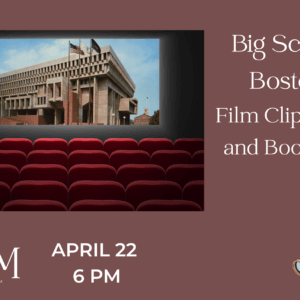 A brownish red background showing a picture of a movie theatre with an image of Boston city hall and a film projector in the bottom right corner.