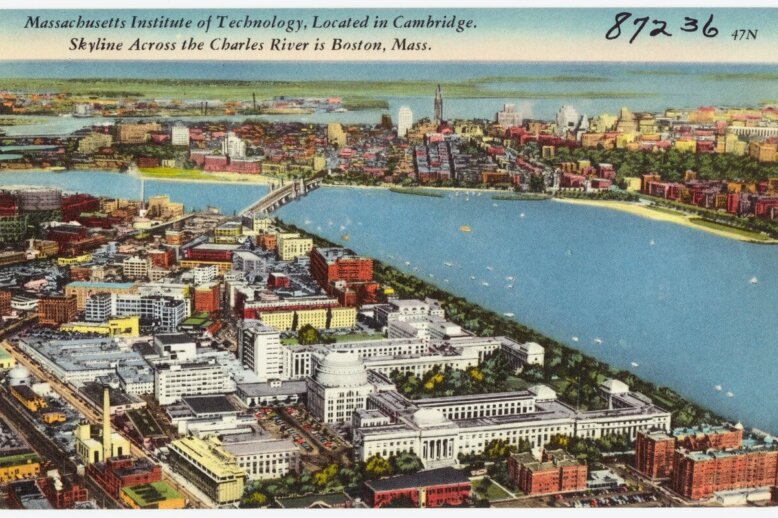 An illustration of a city along a river with a large complex in the lower center and an industrial to the top left.