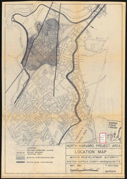 A map of Lower Allston with the east facing the top of the page with areas in need of development highlighted.