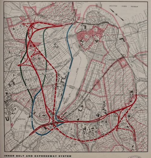 A map of Boston and Cambridge showing several routes where a highway could be built.