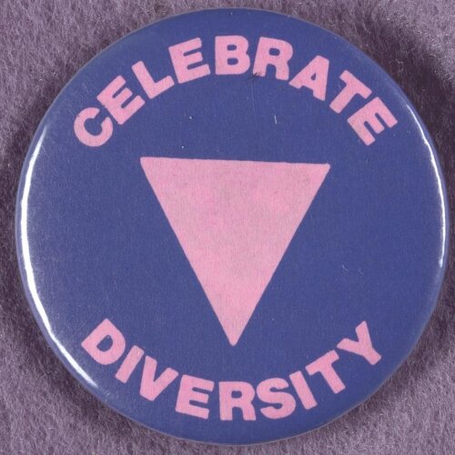 A blue pin with a pink triangle in the middle with celebrate diversity around the edges.