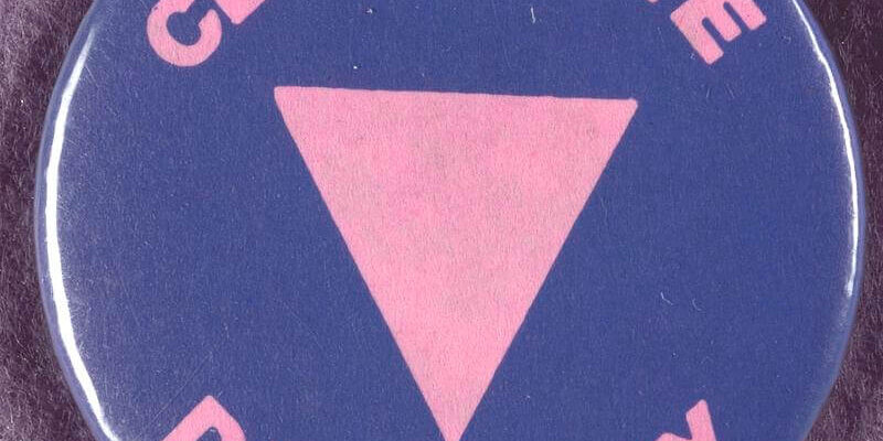 A blue pin with a pink triangle in the middle with celebrate diversity around the edges.