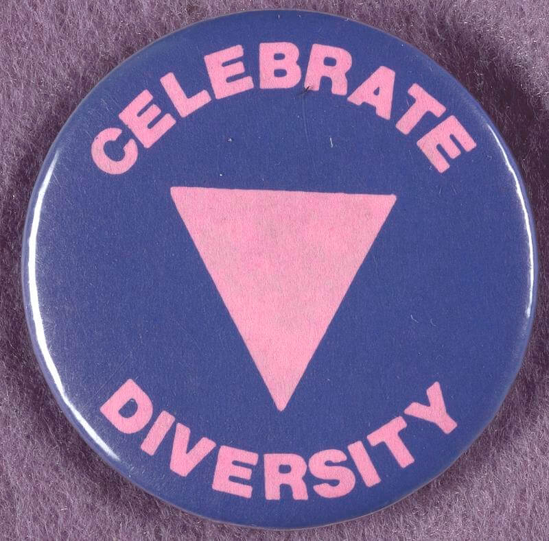 A blue pin with a pink triangle in the middle with celebrate diversity around the edges.