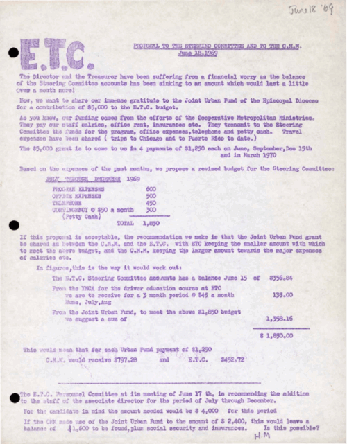 A budget proposal written in purple ink.