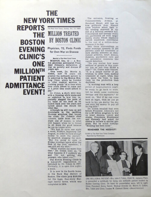 A clipping from a magazine showing a report that the Boston Evening Clinic had treated its one millionth patient.