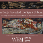 A red background with two images: one of a skeleton lying down, and another of a woman reclining on a bed.