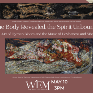 A red background with two images: one of a skeleton lying down, and another of a woman reclining on a bed.