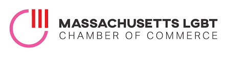 A pink circle with three vertical red lines next to Massachusetts LGBT Chamber of Commerce.