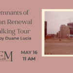 A pink background with an image of a cleared land with a buildings in the background.