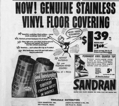 An ad for flooring with an image of a lady holding her arms out and rolled up linoleum.