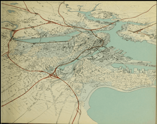 An illustrated aerial map of Boston with highways drawn on in red.