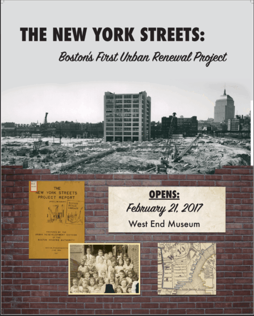 A poster for an exhibit with several images a demolished neighborhood, a group of children, and a map.