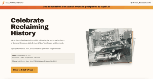 A screenshot from a website showing an RSVP for an upcoming event and a black and white photo of a car.