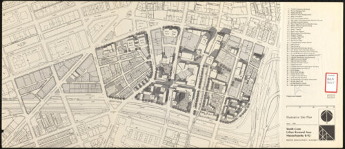 A map of a section of a city with some proposed new buildings.