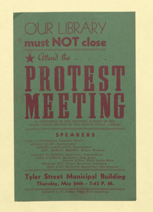 A poster for a protest meeting against a library closure.