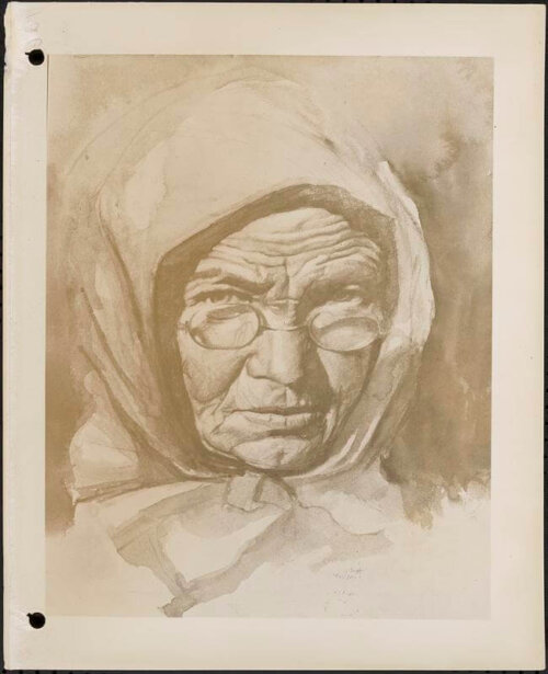 A watercolor image of a grandmother wearing a headscarf and glasses.