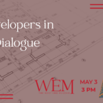 A dark maroon background with an image a blue print house plan and a small image of a skyscraper