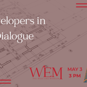 A dark maroon background with an image a blue print house plan and a small image of a skyscraper