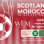 A white and red gradient background with an image of a soccer ball hitting the back of the net. The title says Scotland Versus Morocco Watch Party