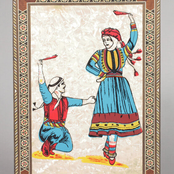 A man crouches next to a woman in an illustration of a traditional dance. Both are dressed in colorful blue and red outfits.