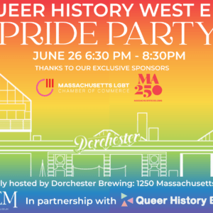 A rainbow gradient background with the words Queer history west end pride party along the top. The bottom of the page has an image of a brewery.