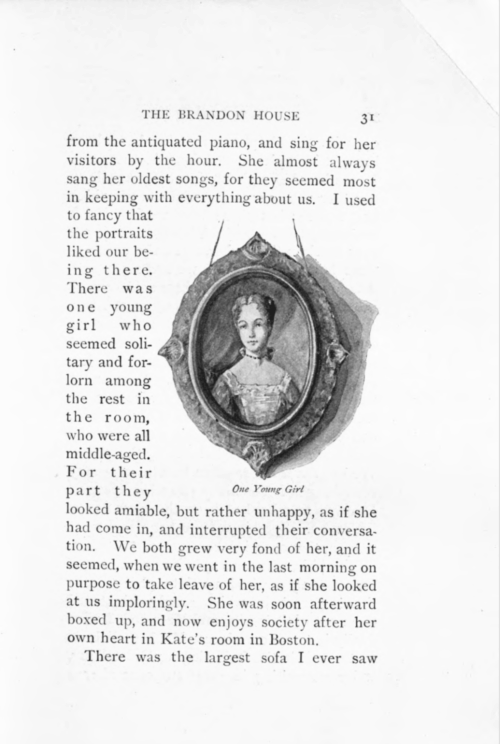 An interior page of a book with an illustration of a young girl in a oval frame.