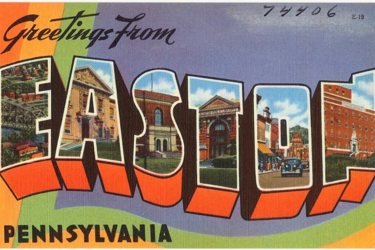 A postcard with the title "Greetings from Easton Pennsylvania". There are illustrations of buildings inside the letters of Easton