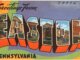 A postcard with the title "Greetings from Easton Pennsylvania". There are illustrations of buildings inside the letters of Easton