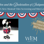 A blue banner with an image of an eagle hatching from an egg on the left and a golden firework on the right. There is bunting underneath the title which says "Boston and the Declaration of Independence: 1776 a new musical film screening and mini lecture."