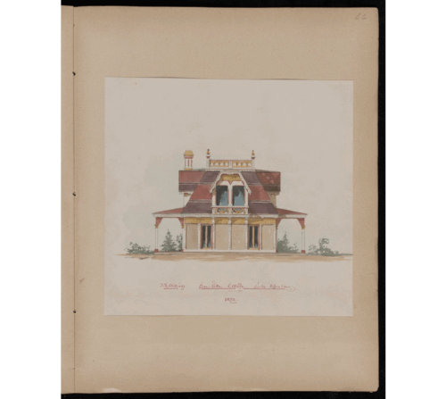 Architectural illustration of a small cottage with a red roof.