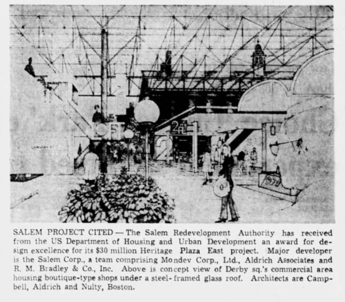 Illustration in a newspaper showing a covered shopping center under a clear roof.