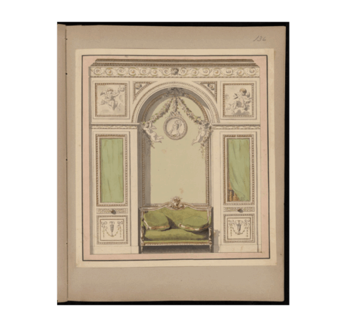 A drawing of an interior niche with a rococo style border and angels in the metopes.