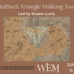A brick colored background with a map of a street pattern in a triangle surrounded by illustrated train tracks.