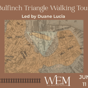 A brick colored background with a map of a street pattern in a triangle surrounded by illustrated train tracks.