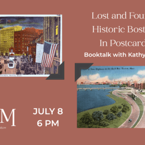A brick colored background with two postcards in front of it. The one on the left shows a city square at night. The other shows a highway next to water.