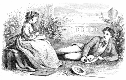 An illustration of a woman sitting with a sketchbook on her lap while a man lounges on the ground posing for her.