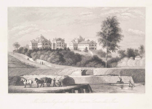 An illustration of three large buildings on a hill in the background. In the foreground men load a horse drawn cart next to a river where two men row small boats.