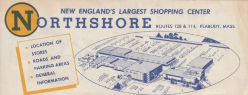 A horizontal picture of a mall surrounded by a parking lot. The title says "New England's Largest Shopping Center: Northshore."