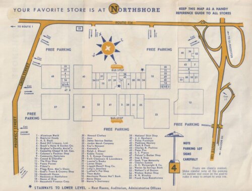 An interior of a trifold paper showing a map of a mall. The stores are outlined and numbered with a key list at the bottom.