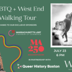 A green banner with a black and white photo of a man in leotard on the hood of the car to the upper right and a church building in the lower left. The title says "LGBTQ+ West End Walking Tour"