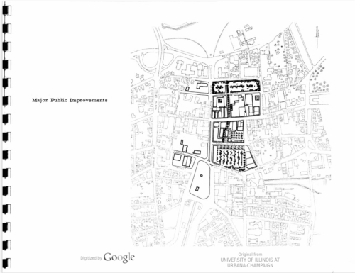 A map of a downtown area with the central section illustrated over in darker color to show future plans for development.