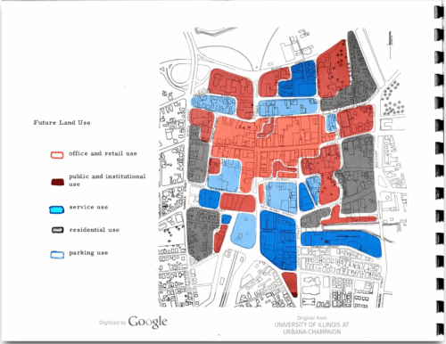 A map of a downtown area covered in different colored markings that represent proposed future uses.