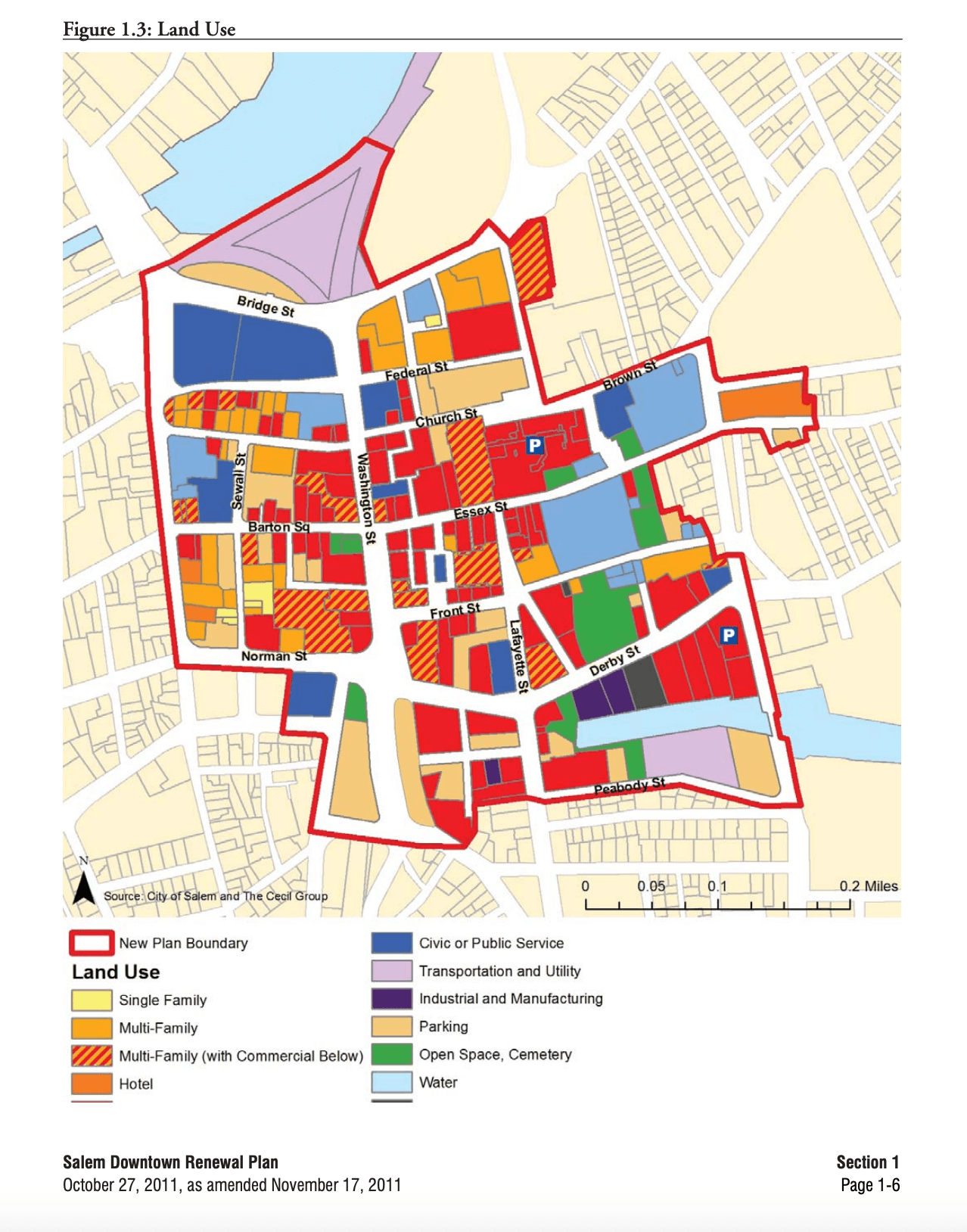 A map of a downtown area with many different colored sections denoting different zoning districts.