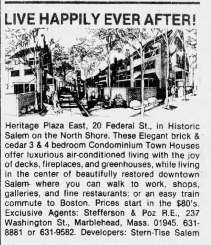 A newspaper ad with an illustration of condos in front of a tree lined fenced garden. The title of the ad says "Live Happily Ever After!"