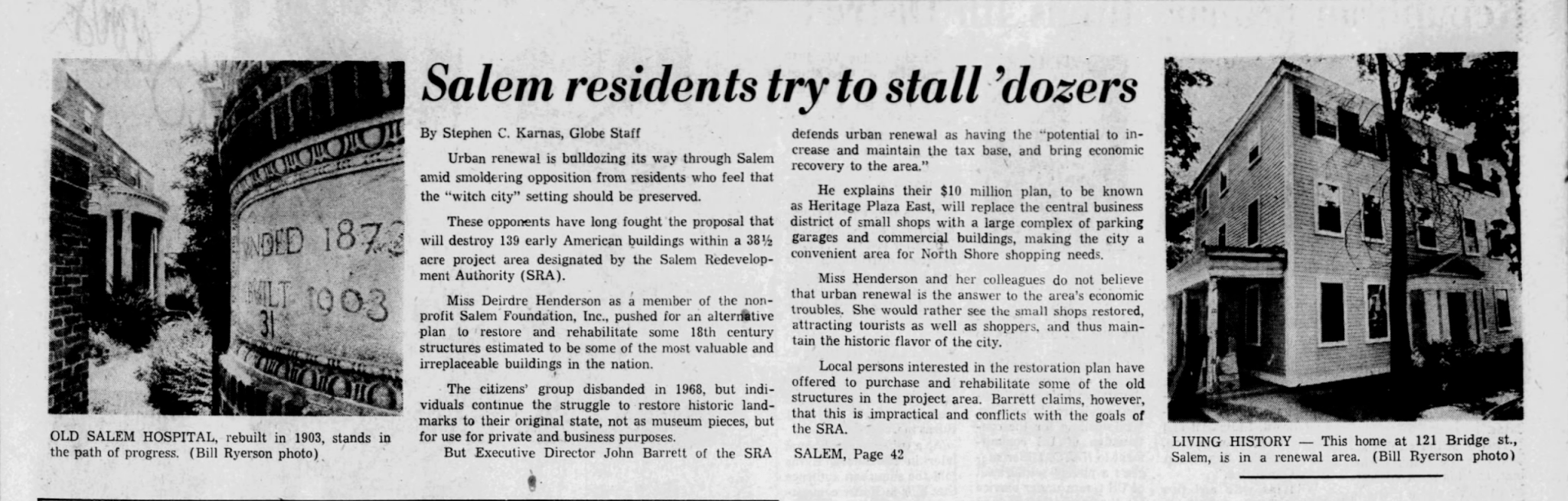 A newspaper clipping between two photos. the one on the left shows a stone plaque on a brick wall. The photo on the right shows a three story federal style house. The title of the article says "Salem residents try to stall 'dozers"