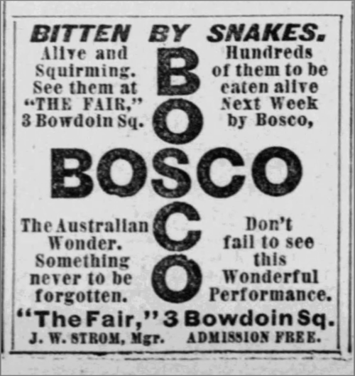 A newspaper ad with the word Bosco written twice in a cross shape.