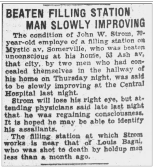 A newspaper clipping with the headline "beaten filling station man slowly improving".