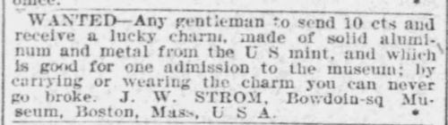 A classified ad asking for a man to send 10cents and receive a lucky charm.